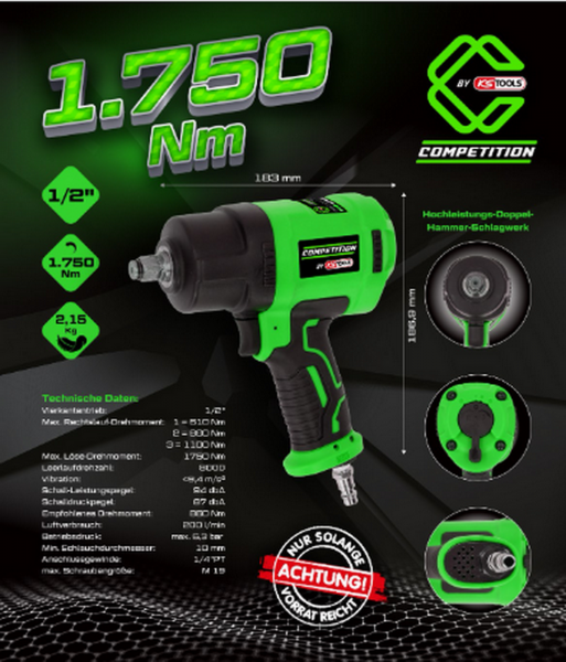 KS Tools 1/2" COMPETITION Hochleistungs Druckluft Schlagschrauber 1.750 Nm