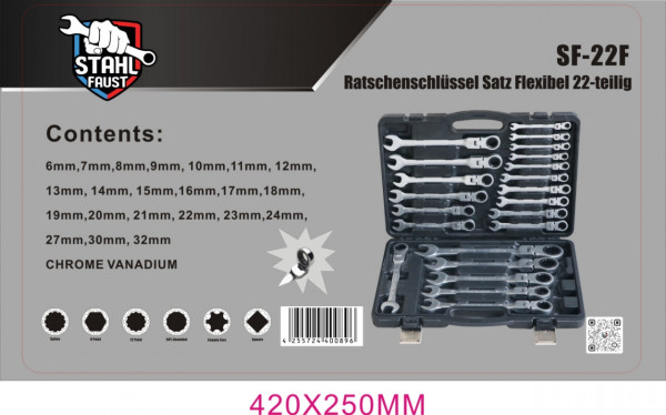 Ratschenschlüssel Ringmaul Ratschen Schlüssel Satz mit Gelenk 6-32mm 22-tlg.